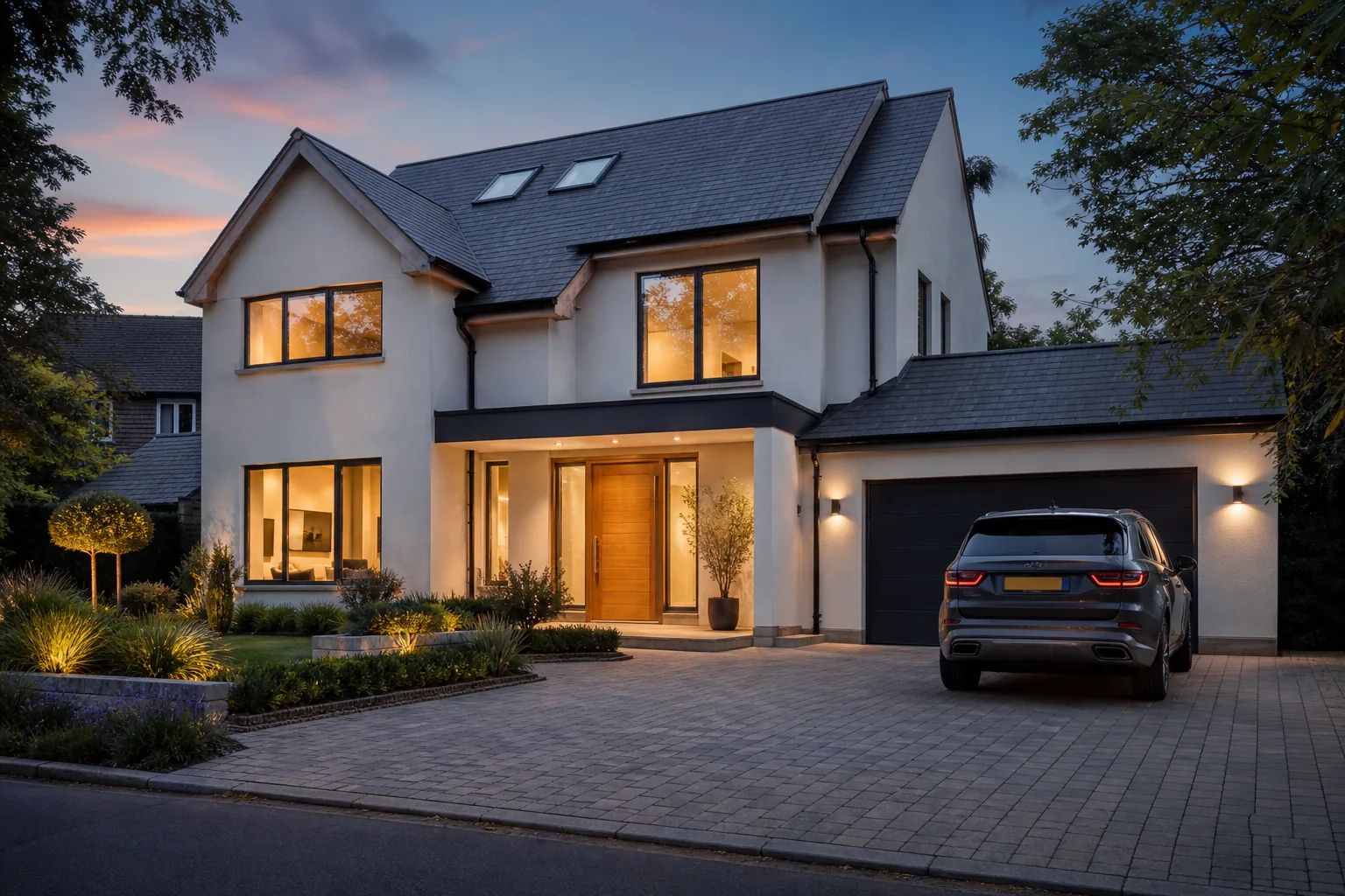 A modern home at dusk with warm lighting in Brackley